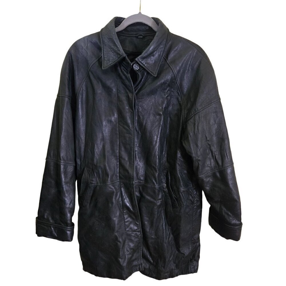 Tuskany Italy New York Vintage Black Leather Car Coat Pockets Size M